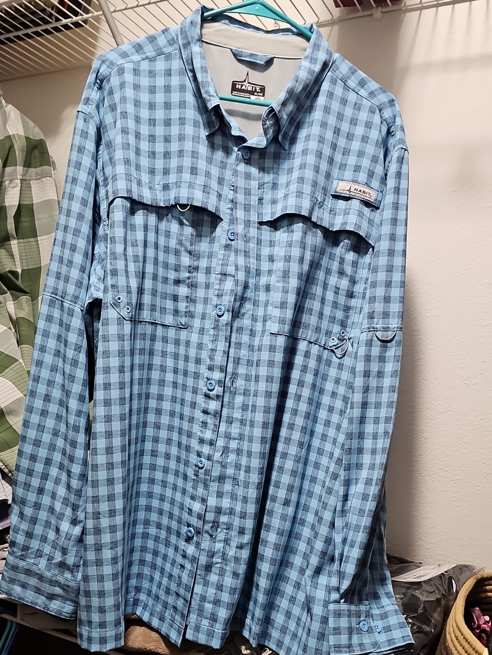 Habit Men’s Blue Checkered Ventilated Performance Fishing Hiking Shirt